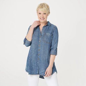 Women's Petite Button Front Tunic w/ Pocket - Pacific Night